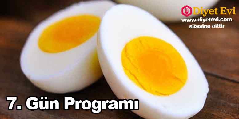 Yumurta Diyeti 7. Gün Listesi Öğle: 1 kase haşlanmış Lahana, 1 adet havuç, derisi alınmış 1 parça tavuk , 1 adet greyfurt, 1 fincan Türk kahvesi Akşam: Greyfurt 1 adet, Tavuk jambon 1 adet, Domates1 adet NOT: Kahveler kesinlikle şekersiz olmalı.