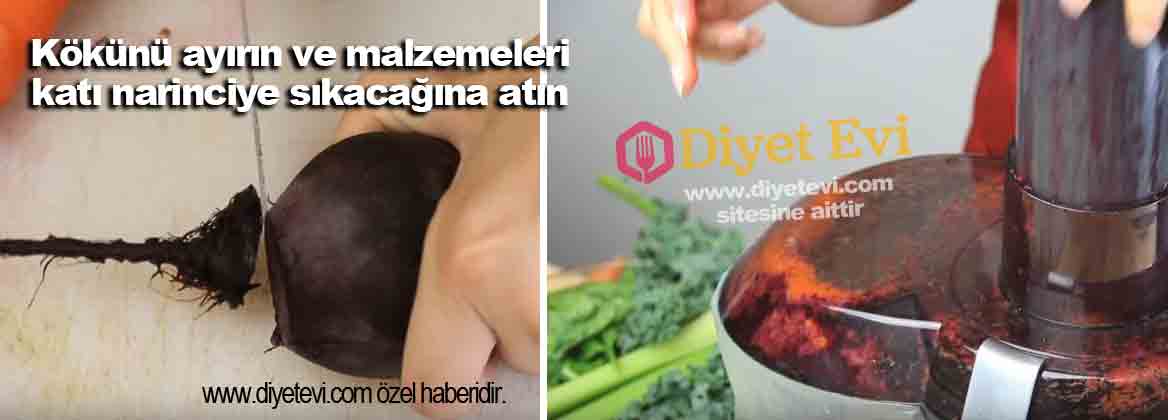 Blendır yada katı narinciyeden geçirin: Pancarın kökünü ayırın ve katı narinciyeye atın, üzerine elmaları küçük parçalar ile atın ve döndürmeye devam edin. Daha sonra havuç ve limonlarımızı da ekleyin. Bu karışım bizim ana karışımımız olacak. 6 gün boyunca bunu her sabah içeceğiz. Fakat her gün ekstradan içine her gün 1 tane sebze ekleyeceğiz. Şimdi gün sırasına geçmek için görseli tıklayın ve diğer fotoğrafa geçin.