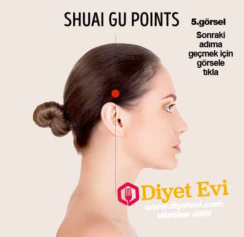 Shuai gu noktaları, saç çizgisinin başlangıcından 2-3 cm uzaklıktadır. Bu noktayı bulmak için küçük bir çukur hissedin. Bu bölgeye uygulanan basınç, temporal bölgedeki ağrı ve göz yorgunluğunu hafifletir.